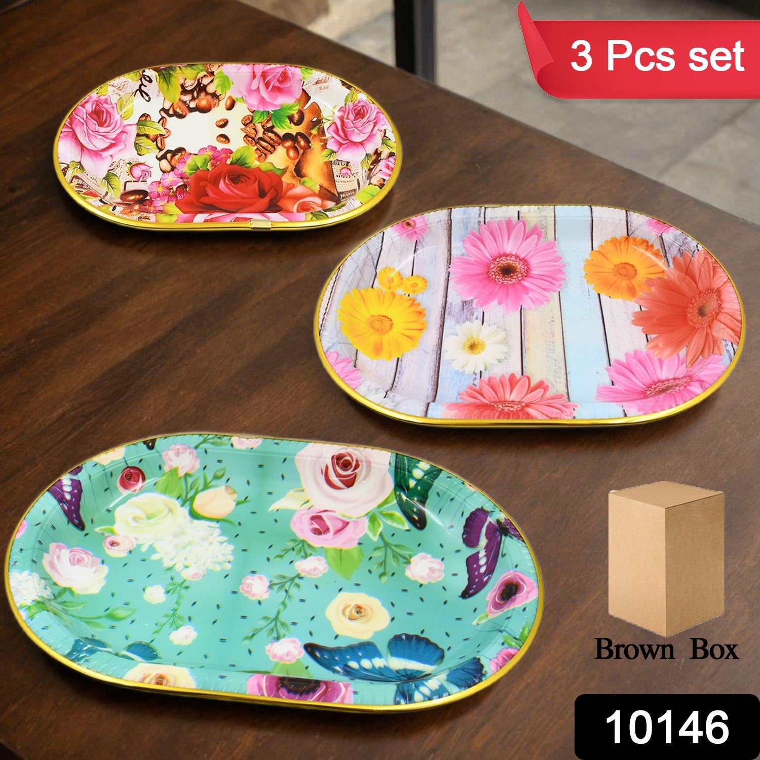 Plastic Flower Printed Design Serving Tray (3 Pcs Set  Mix Color) Plastic Flower Printed Design Serving Tray (3 Pcs Set  Mix Color)